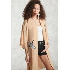 Forever 21 Kimono M Duster Crane Embroidered Patch Satin Blush Trendy